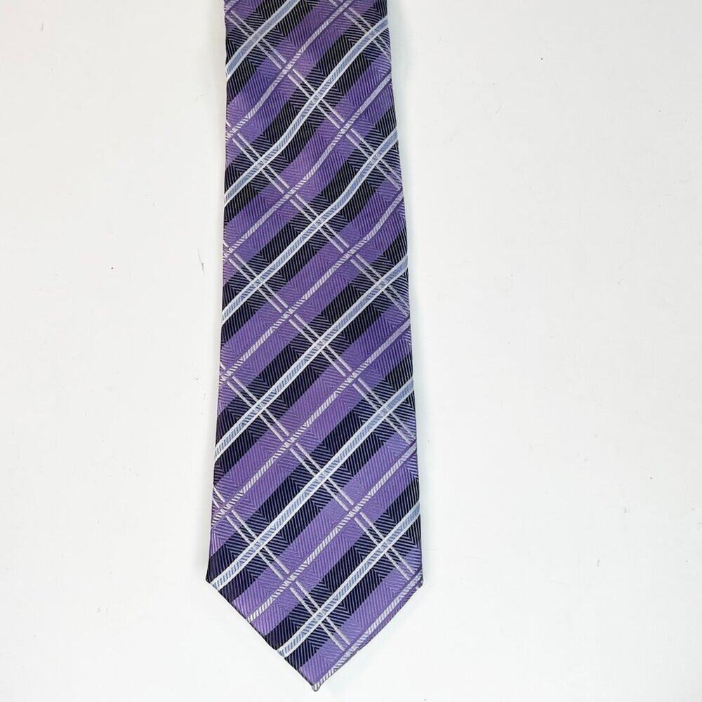 Bill Blass Essentials Tartan Plaid Print Mens Neck Tie Purple Grey